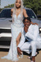 Shiny Mermaid Sequins White V Neck Long Prom Dress, Formal Evening Dresses OM0310