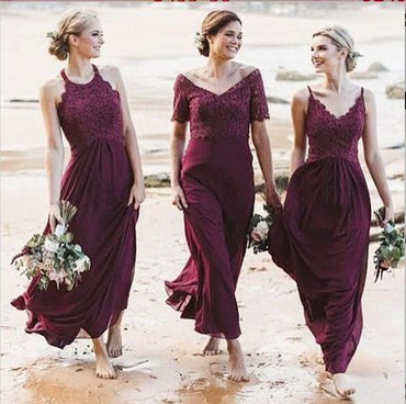 Mismatched A-Line Long Burgundy Cheap Chiffon Bridesmaid Dress with Lace PDG63