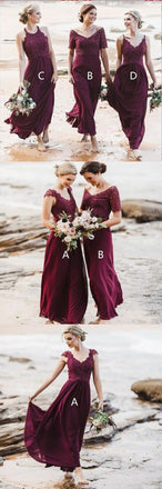 Mismatched A-Line Long Burgundy Cheap Chiffon Bridesmaid Dress with Lace PDG63