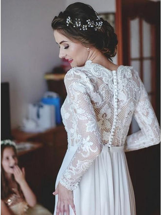 Modest A-Line Lace Appliques Long Sleeves Chiffon Elegant Wedding Dress PDH87