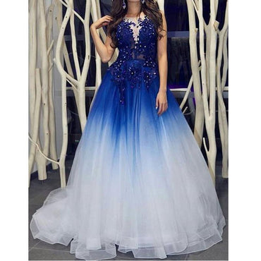 Elegant Royal Blue White Ombre Long Prom Dresses with Appliques for Teens PDH18