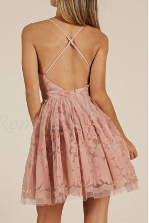 Charming A Line Pink Spaghetti Straps V Neck Lace Homecoming Dresses, Short Dresses SK33