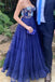 A Line Navy Blue Appliques Long Prom Dresses, Popular Sweetheart Tulle Evening Dresses OM0336