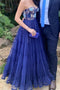 A Line Navy Blue Appliques Long Prom Dresses, Popular Sweetheart Tulle Evening Dresses OM0336