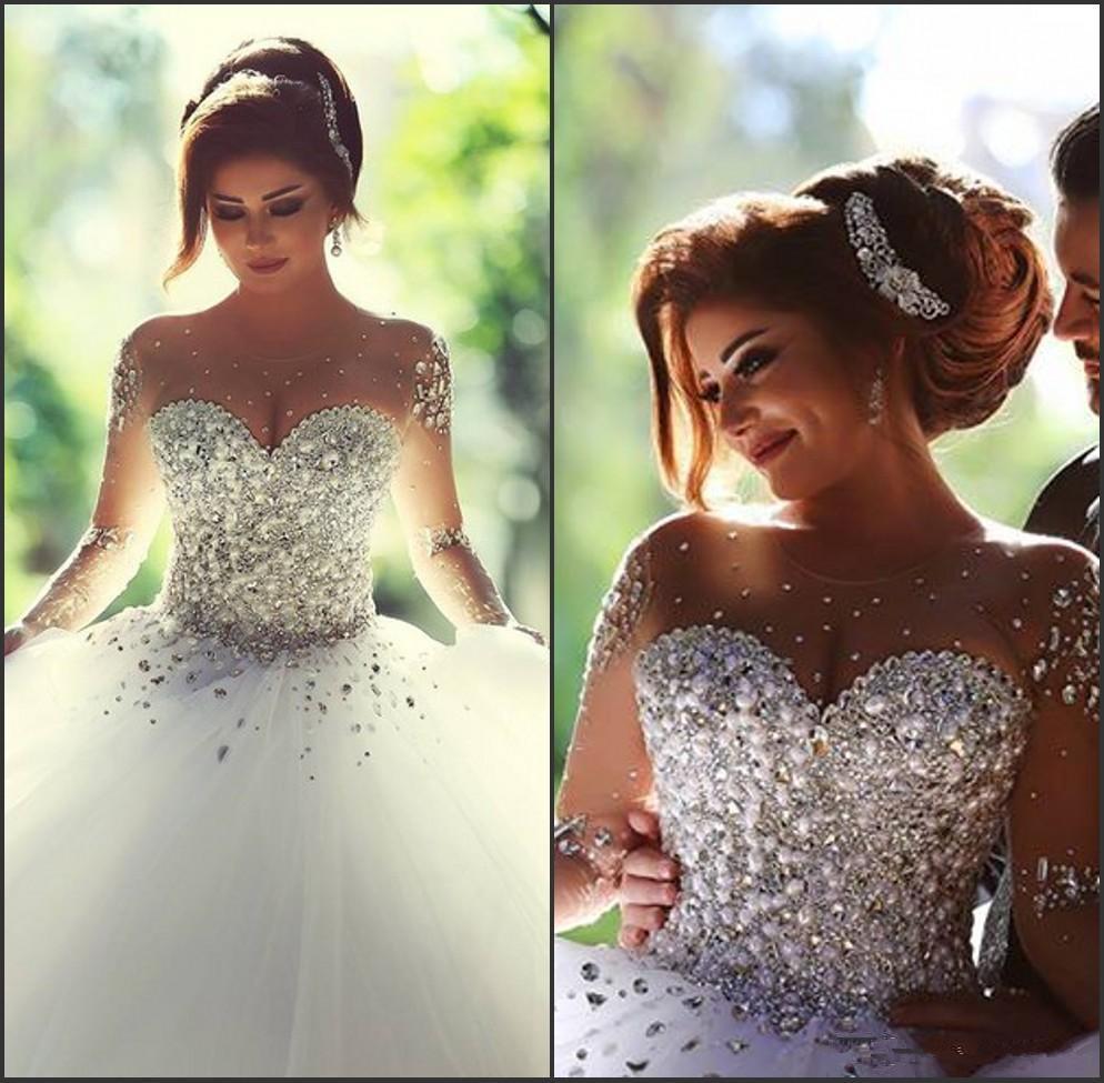 Stunning Long Sleeves Tulle Ball Gown Beaded Wedding Dress PDH69