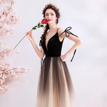 A Line Spaghetti Straps Tulle Long Prom Dress, Charming Evening Dresses PDQ70