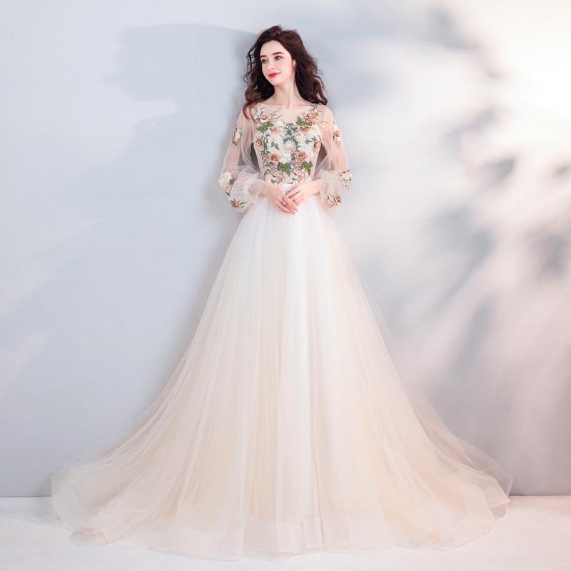 Pretty A Line Long Sleeves Tulle Appliques  Prom Dresses With Flowers PDG69