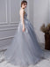 Gray A Line Long Spaghetti Straps Prom Dresses With Lace PDK58