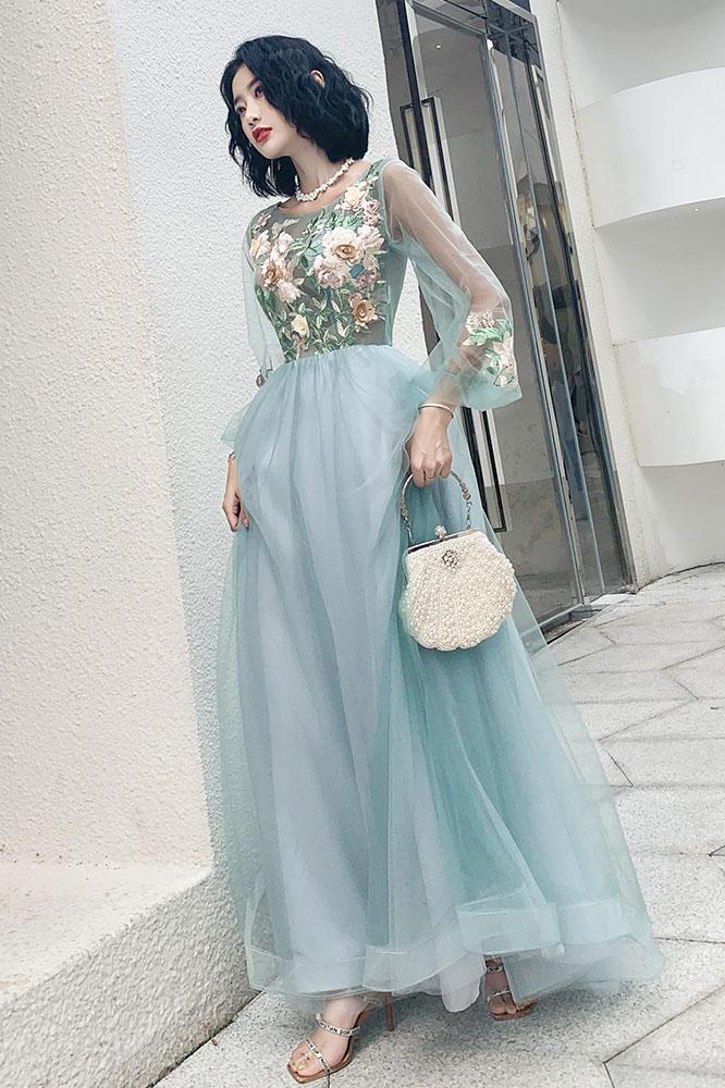 A Line Long Sleeves Round Neck Tulle Floral Appliques Prom Dresses PDQ83