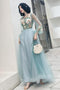 A Line Long Sleeves Round Neck Tulle Floral Appliques Prom Dresses PDQ83