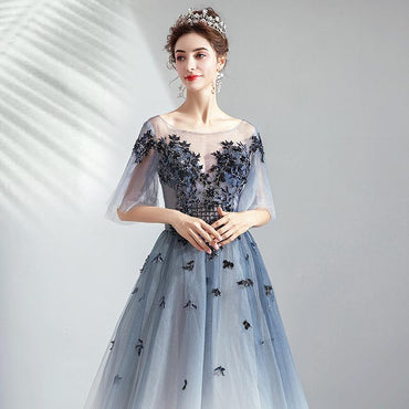 Ombre A Line Half Sleeves Tulle Round Neck Prom Dress Evening Dresses PDQ75