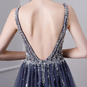 A Line V Neck Tulle Navy Blue Long Prom Dresses With Beading PDL29