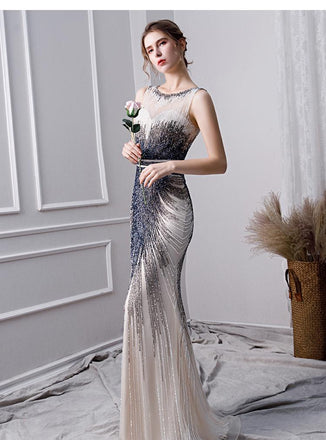 Elegant Mermaid Long Tulle Beading Prom Dresses PDL24