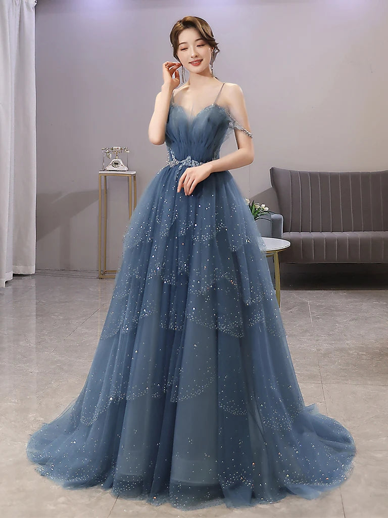 Gorgeous A line Blue Spaghetti Straps Tulle Tiered Prom Dress, Sparkly Evening Dress With Beads OM0301