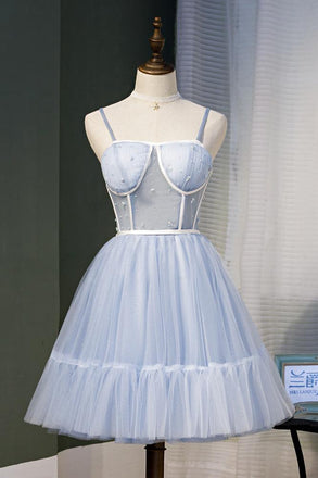 Light Blue A Line Spaghetti Straps Tulle Short Homecoming Dresses PDN49