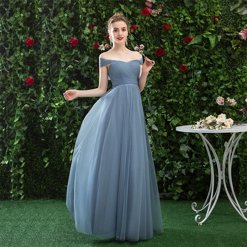 A Line CHiffon Blue Off the Shoulder Prom Dress, Long Bridesmaid Dresses PDQ78