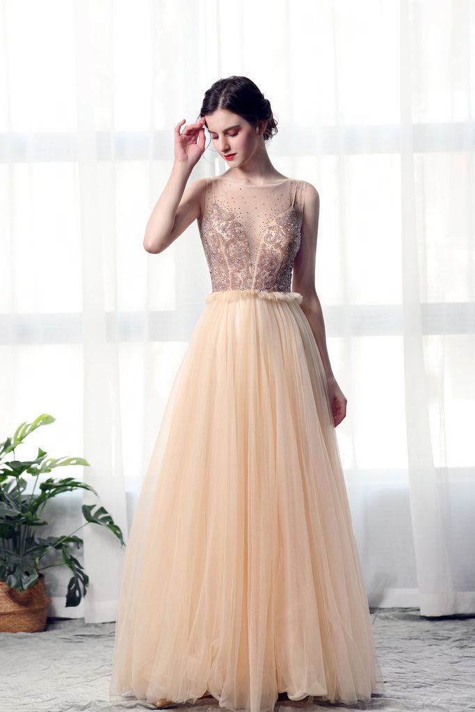 A Line Bateau Tulle Long Prom Dresses With Beads PDL27