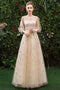 Stunning A Line 3/4 Sleeves Tulle Round Neck Prom Dress Evening Dresses PDQ76