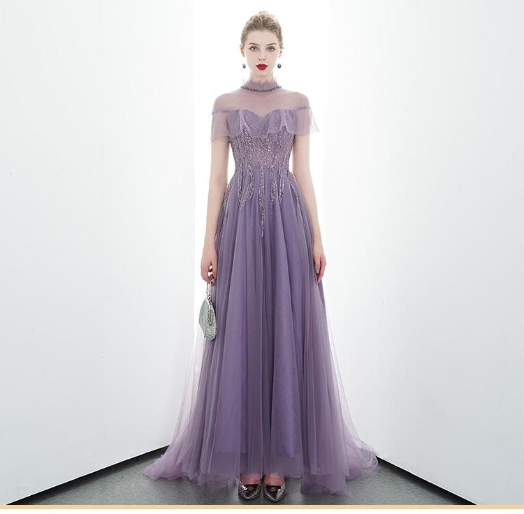 A-line Tulle Long High Neck Purple Prom Dresses With Ruffles Formal Evening Dress PDR86