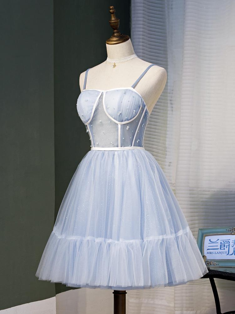Light Blue A Line Spaghetti Straps Tulle Short Homecoming Dresses PDN49
