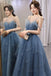 Gorgeous A line Blue Spaghetti Straps Tulle Tiered Prom Dress, Sparkly Evening Dress With Beads OM0301