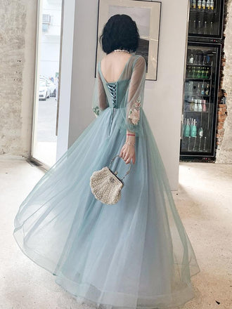 A Line Long Sleeves Round Neck Tulle Floral Appliques Prom Dresses PDQ83