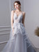 Gray A Line Long Spaghetti Straps Prom Dresses With Lace PDK58