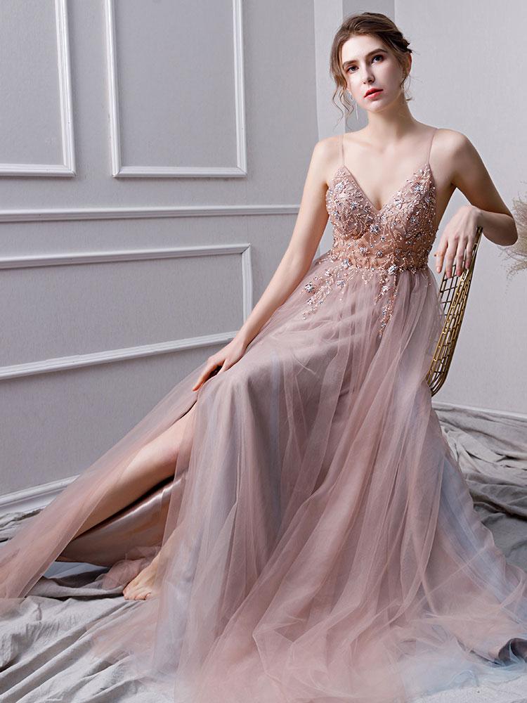 Pink A Line Spaghetti Straps Tulle Beaded Prom Dresses With Appliques PDL25