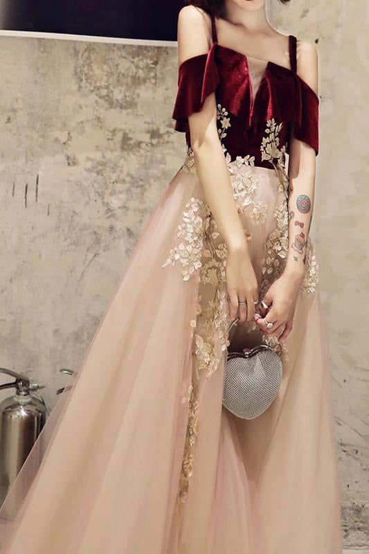 Charming A Line Straps Off Shoulder Tulle Prom Dresses With Appliques, Formal Dress OM0180