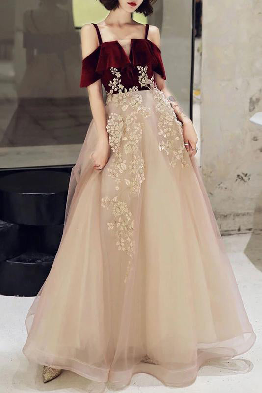 Charming A Line Straps Off Shoulder Tulle Prom Dresses With Appliques, Formal Dress OM0180