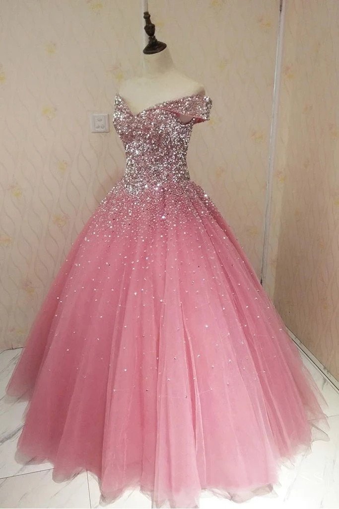 Charming Off the Shoulder Pink Ball Gown Prom Dresses Beaded Quinceanera Dresses PD155