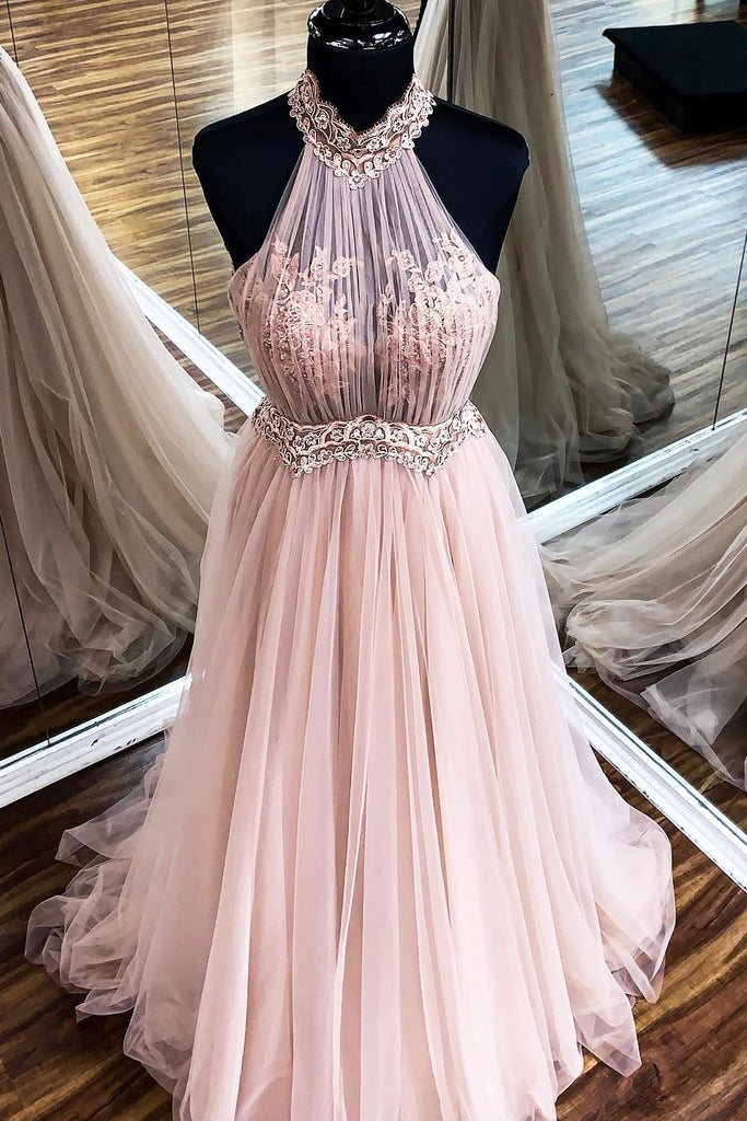 Chic A Line Halter Pink Formal Prom Dresses Tulle Lace Appliques Evening Dresses TD59