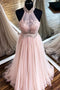 Chic A Line Halter Pink Formal Prom Dresses Tulle Lace Appliques Evening Dresses TD59