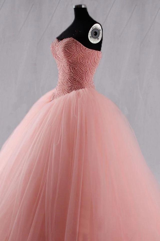 Ball Gown Sweetheart Strapless Pearl Pink Tulle Long Prom Dresses, Quinceanera Dresses PD171