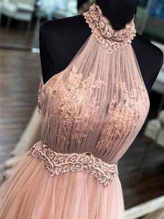 Chic halter formal prom dress tulle lace appliques a line evening dress mg240
