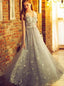 Charming A Line Silver Long Appliques Prom Dresses Tulle V-neck Formal Dress TD02