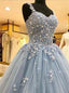 Charming Ball Gown Straps Long Beading Prom Dress Blue Appliques Quinceanera Dress TD44