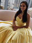 Simple Sweetheart Satin Yellow V Neck Prom Dresses Long Cheap Formal Dresses PD140