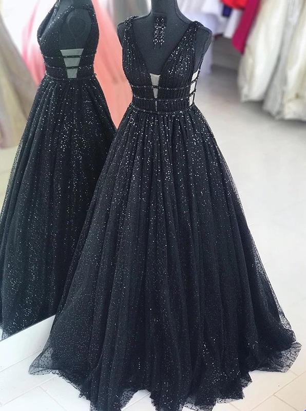 Sparkly Long A Line Black Prom Dresses, Navy Blue Cheap V Neck Sequins Party Dresses PD153