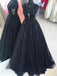 Sparkly Long A Line Black Prom Dresses, Navy Blue Cheap V Neck Sequins Party Dresses PD153