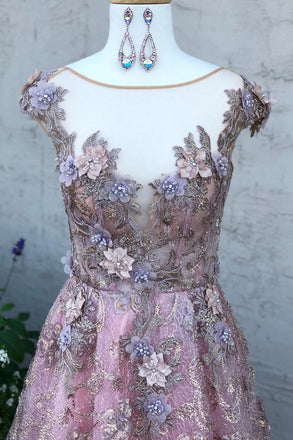 Sheer neckline cap sleeves long prom dresses with appliques mg278