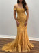 Elegant Off the Shoulder V Neck Lace Appliques Mermaid Prom Dresses Gold Evening Dress TD104