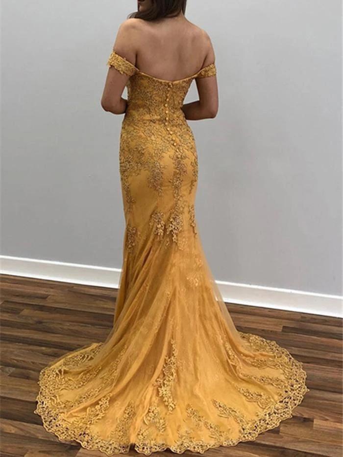 Off shoulder lace appliques mermaid prom dresses gold evening dress mg284