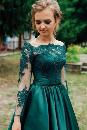 Off-shoulder lace long sleeves satin hunter prom evening dresses mg261