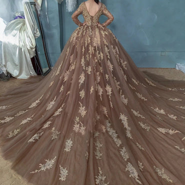 Vintage sheer neck ball gown prom dress, long sleeves evening dress mg283