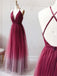 Simple Burgundy V-neck Tulle Ombre Long Prom Dresses Backless Evening Dresses TD54
