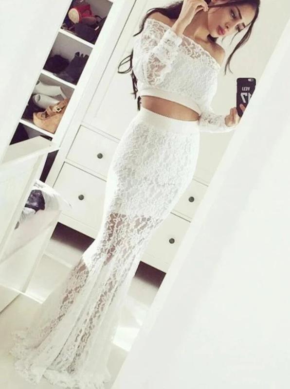 Sexy Off the Shoulder Long Sleeves Mermaid Lace Prom Dresses Two Pieces Evening Dress TD107