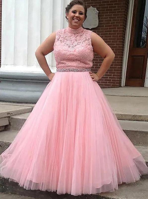 Simple Pink Tulle Open Back High Neck Long Prom Dresses with Appliques Beading TD114