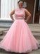 Simple Pink Tulle Open Back High Neck Long Prom Dresses with Appliques Beading TD114