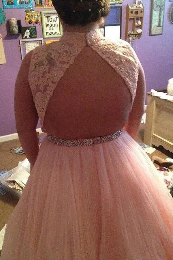 Pink tulle keyhole back long plus size prom dress with beading mg260
